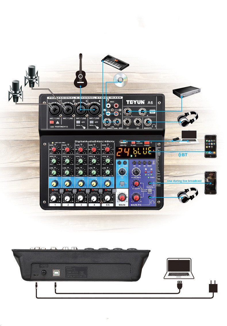 Bluetooth Sound Card Mixer Live Equipment Microphone Effector